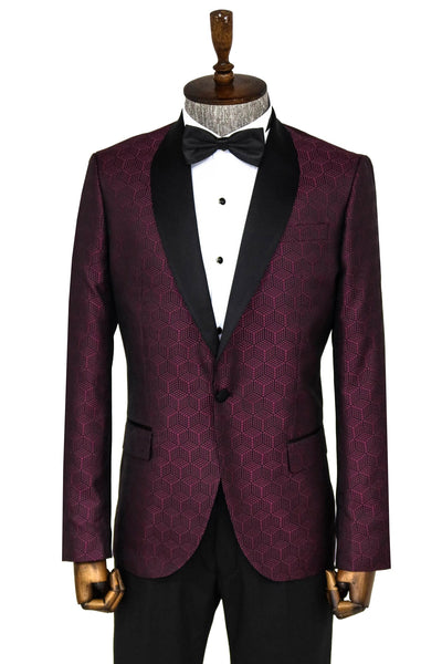 Pentagon Patterned Shawl Lapel Burgundy Men Prom Blazer - Wessi