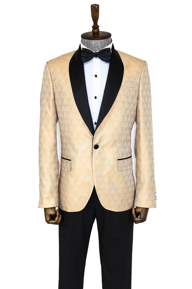 Pentagon Patterned Shawl Lapel Cream Men Prom Blazer - Wessi