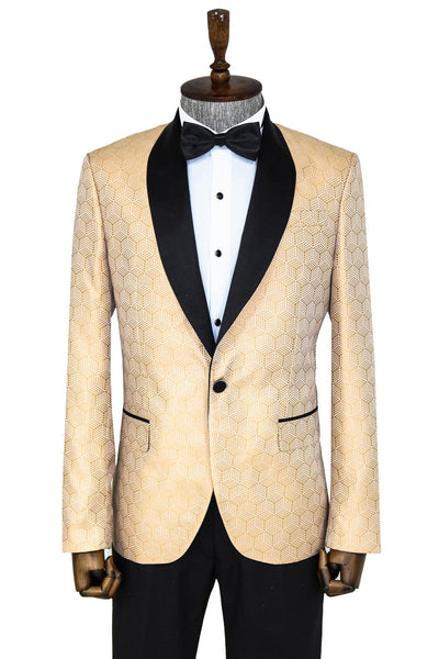 Pentagon Patterned Shawl Lapel Cream Men Prom Blazer - Wessi