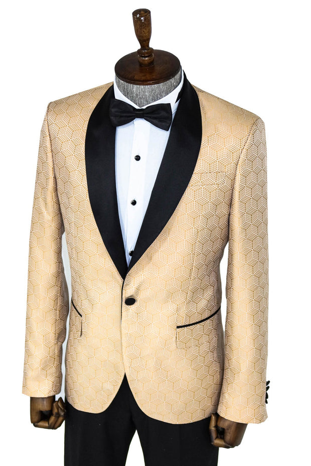 Pentagon Patterned Shawl Lapel Cream Men Prom Blazer - Wessi