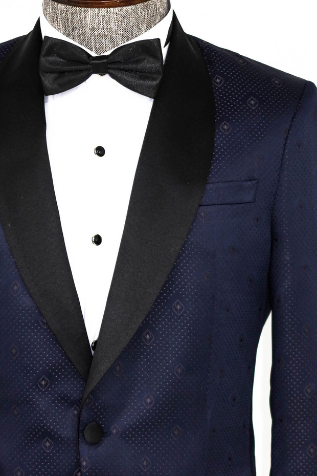 Patterned Shawl Lapel Navy Blue Men Prom Blazer - Wessi