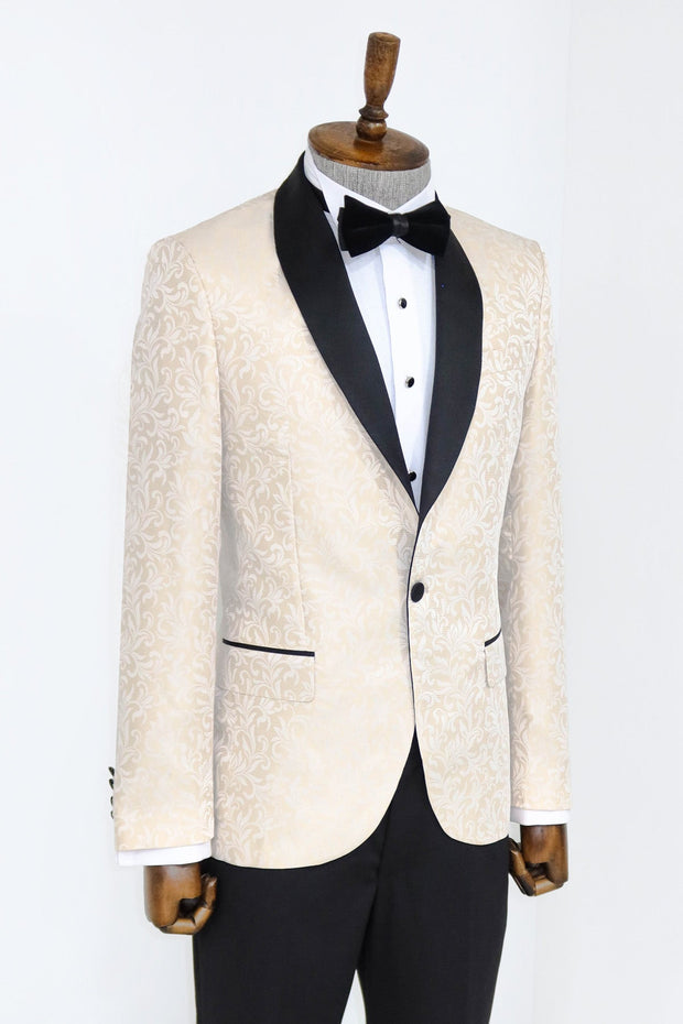 Shawl Lapel Floral Patterned Cream Men Prom Blazer - Wessi