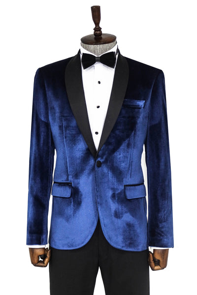 Shawl Lapel Velvet Navy Blue Men Prom Blazer - Wessi