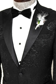 Floral Patterned Peak Lapel Black Tuxedo Blazer - Wessi