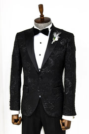 Floral Patterned Peak Lapel Black Tuxedo Blazer - Wessi