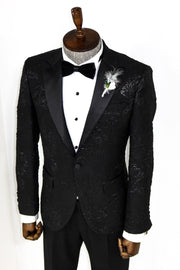 Floral Patterned Peak Lapel Black Tuxedo Blazer - Wessi