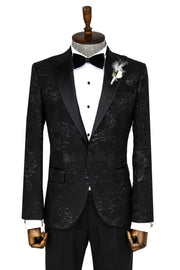 Floral Patterned Peak Lapel Black Tuxedo Blazer - Wessi