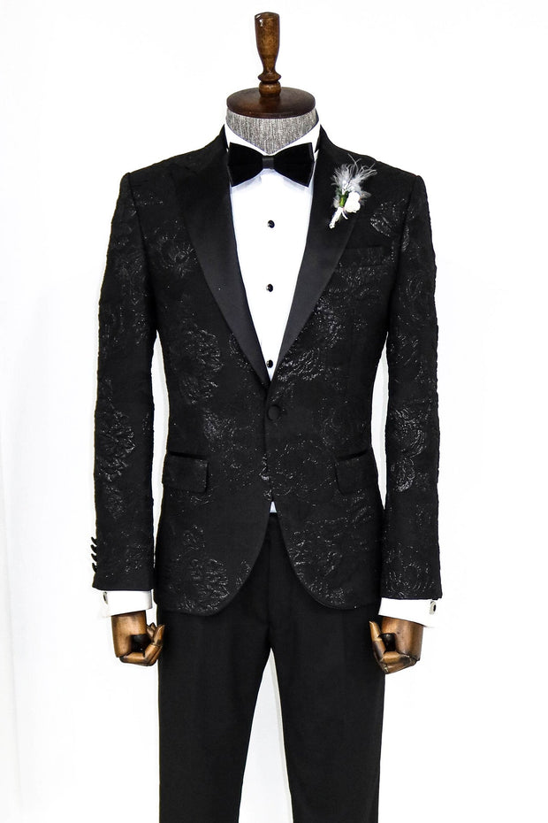 Floral Patterned Peak Lapel Black Tuxedo Blazer - Wessi