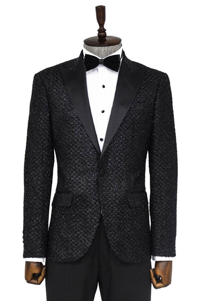 Gingham Patterned Glitter Black Men Prom Blazer - Wessi