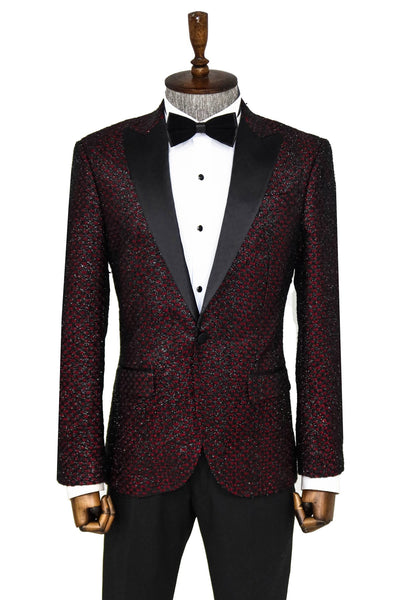 Gingham Patterned Glittery Burgundy Men Prom Blazer - Wessi