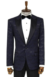 Patterned Slim Fit Navy Blue Men Prom Blazer - Wessi