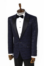 Patterned Slim Fit Navy Blue Men Prom Blazer - Wessi