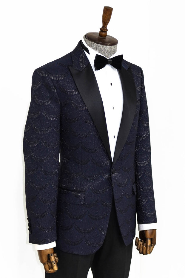 Patterned Slim Fit Navy Blue Men Prom Blazer - Wessi