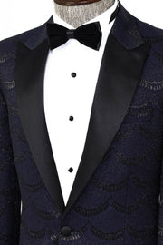 Patterned Slim Fit Navy Blue Men Prom Blazer - Wessi