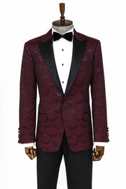 Patterned Slim Fit Burgundy Men Prom Blazer - Wessi