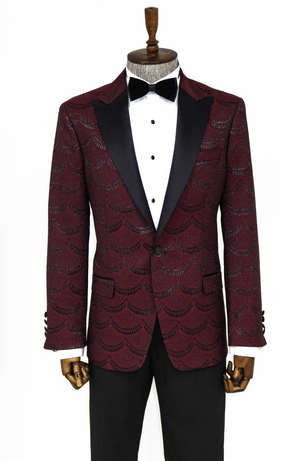 Patterned Slim Fit Burgundy Men Prom Blazer - Wessi