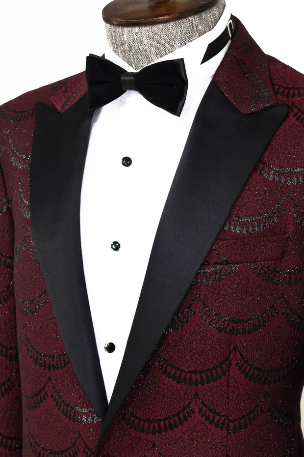 Patterned Slim Fit Burgundy Men Prom Blazer - Wessi