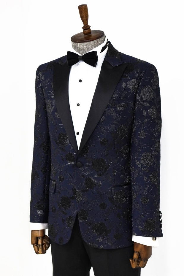 Floral Patterned Navy Blue Men Prom Blazer - Wessi