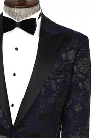 Floral Patterned Navy Blue Men Prom Blazer - Wessi