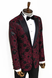 Floral Patterned Burgundy Men Prom Blazer - Wessi