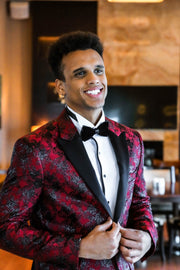 Floral Patterned Burgundy Men Prom Blazer - Wessi