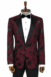 Floral Patterned Burgundy Men Prom Blazer - Wessi