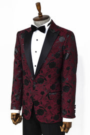 Floral Patterned Burgundy Men Prom Blazer - Wessi