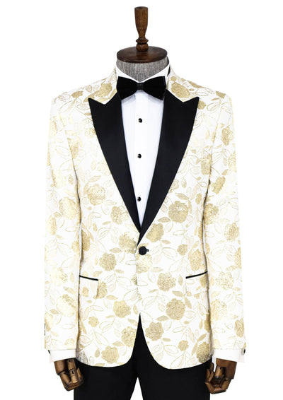 Floral Patterned White Men Prom Blazer - Wessi