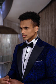 Glitter Floral Patterned Sax Blue Men Prom Blazer - Wessi