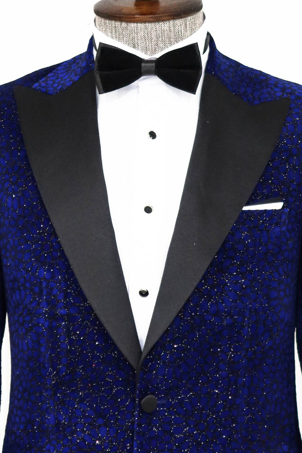 Glitter Floral Patterned Sax Blue Men Prom Blazer - Wessi