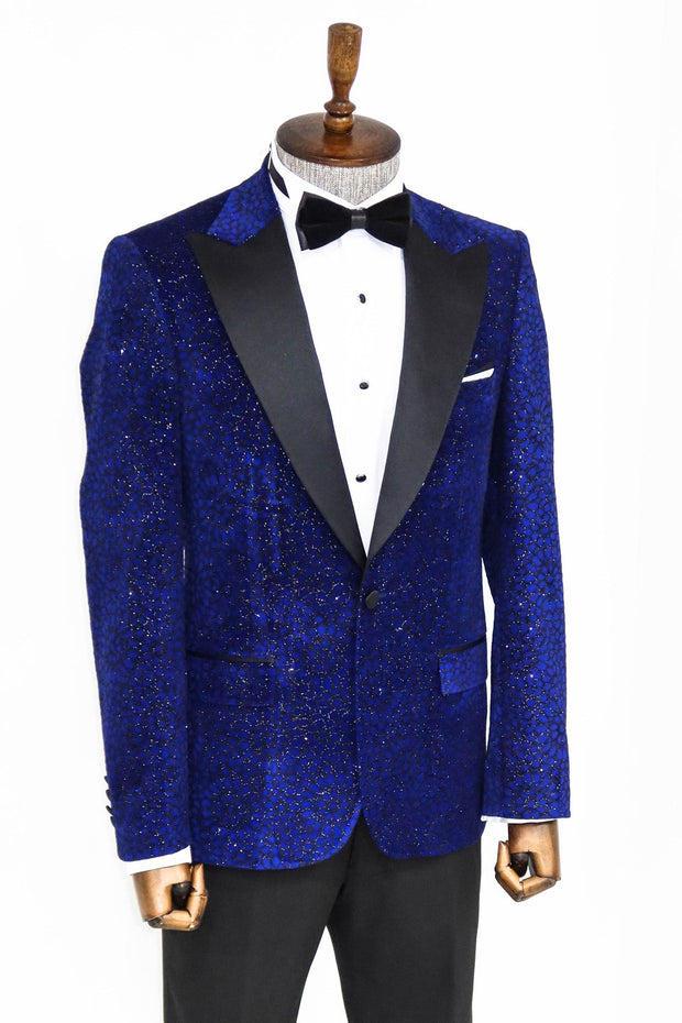 Glitter Floral Patterned Sax Blue Men Prom Blazer - Wessi