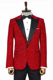 Glitter Floral Patterned Burgundy Men Prom Blazer - Wessi