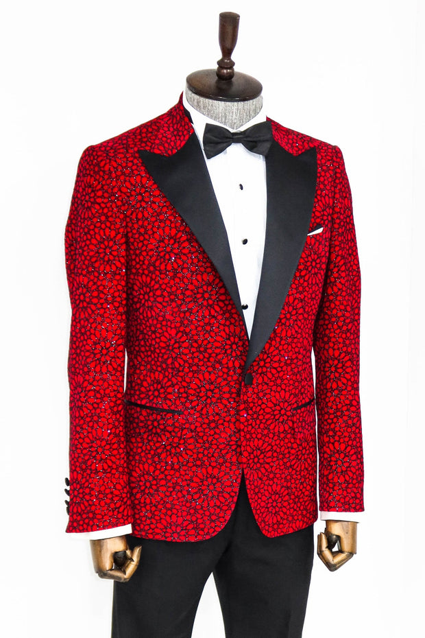 Glitter Floral Patterned Burgundy Men Prom Blazer - Wessi