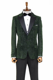 Glitter Floral Patterned Dark Green Men Prom Blazer - Wessi