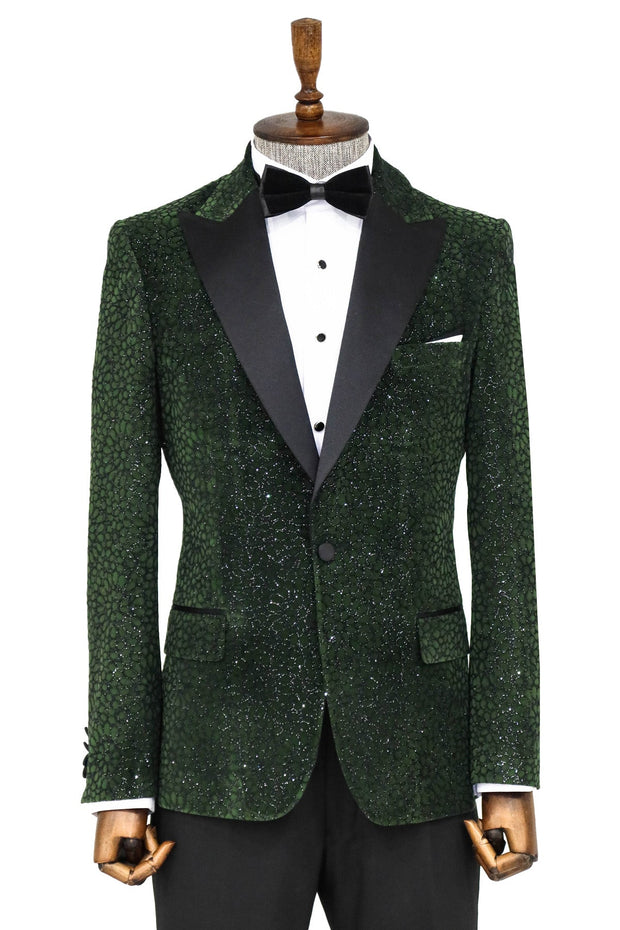 Glitter Floral Patterned Dark Green Men Prom Blazer - Wessi