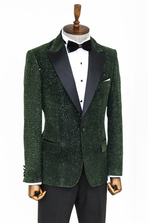 Glitter Floral Patterned Dark Green Men Prom Blazer - Wessi