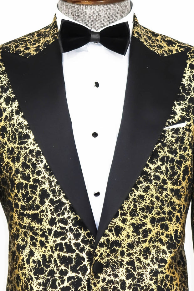 Root Pattern Peak Lapel Black Men Prom Blazer - Wessi