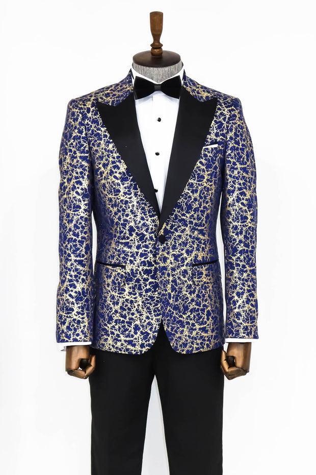 Root Pattern Peak Lapel Dark Blue Men Prom Blazer - Wessi