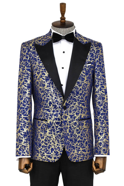 Root Pattern Peak Lapel Dark Blue Men Prom Blazer - Wessi