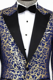 Root Pattern Peak Lapel Dark Blue Men Prom Blazer - Wessi