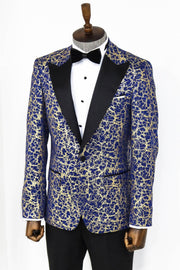 Root Pattern Peak Lapel Dark Blue Men Prom Blazer - Wessi