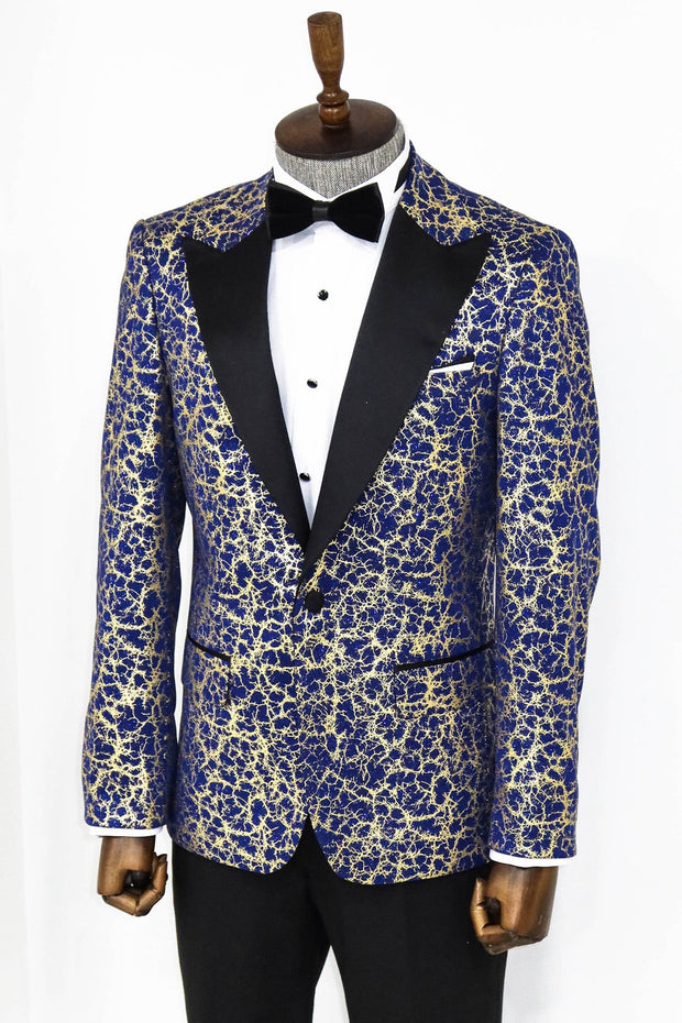 Root Pattern Peak Lapel Dark Blue Men Prom Blazer - Wessi