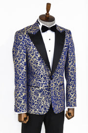 Root Pattern Peak Lapel Dark Blue Men Prom Blazer - Wessi