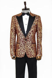 Root Pattern Peak Lapel Burgundy Men Prom Blazer - Wessi