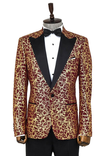 Root Pattern Peak Lapel Burgundy Men Prom Blazer - Wessi