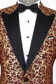 Root Pattern Peak Lapel Burgundy Men Prom Blazer - Wessi