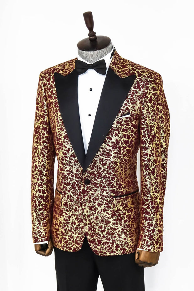 Root Pattern Peak Lapel Burgundy Men Prom Blazer - Wessi