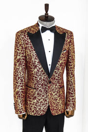 Root Pattern Peak Lapel Burgundy Men Prom Blazer - Wessi