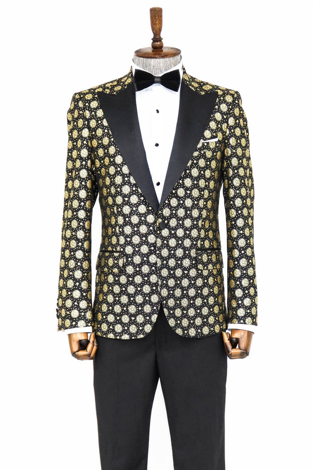 Floral Patterned Peak Lapel Black Men Prom Blazer - Wessi