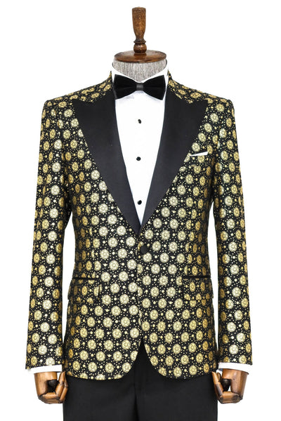 Floral Patterned Peak Lapel Black Men Prom Blazer - Wessi